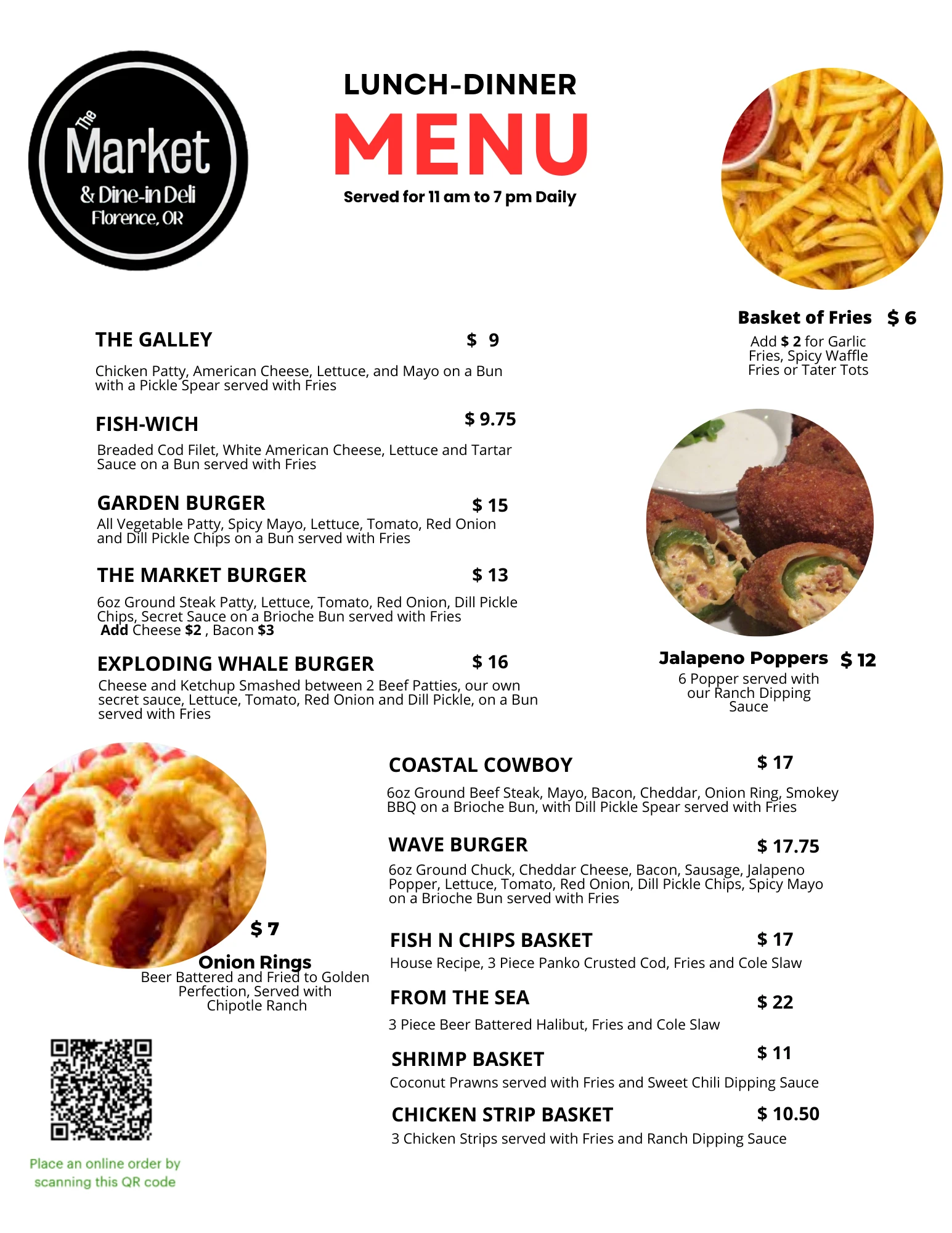 An image of a lunch and dinner menu featuring items like burgers, fries, fish-wich, chicken strips, and appetizers such as onion rings and jalapeño poppers.