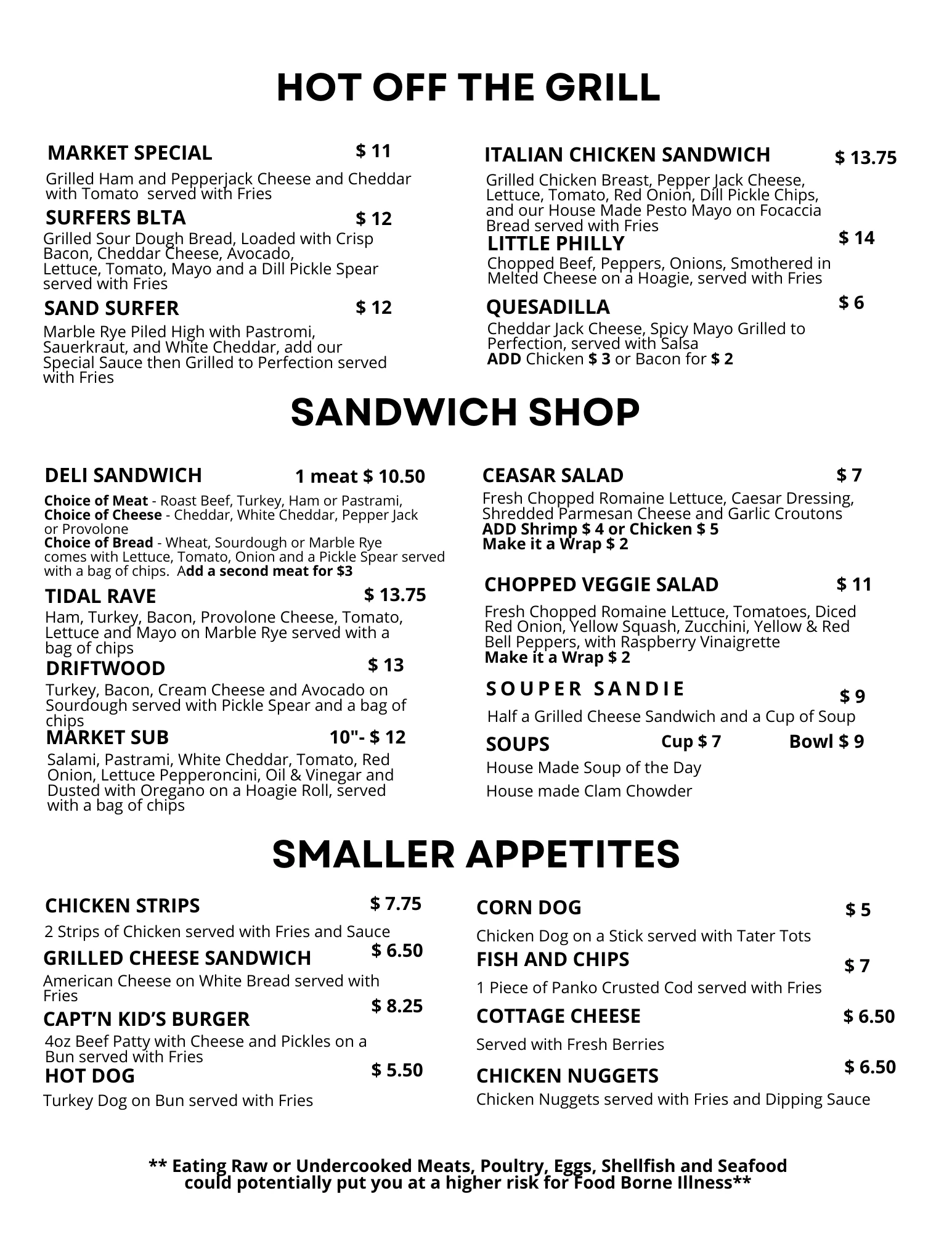 This is a menu featuring sections like "Hot Off The Grill," "Sandwich Shop," and "Smaller Appetites" with various food items and prices listed.