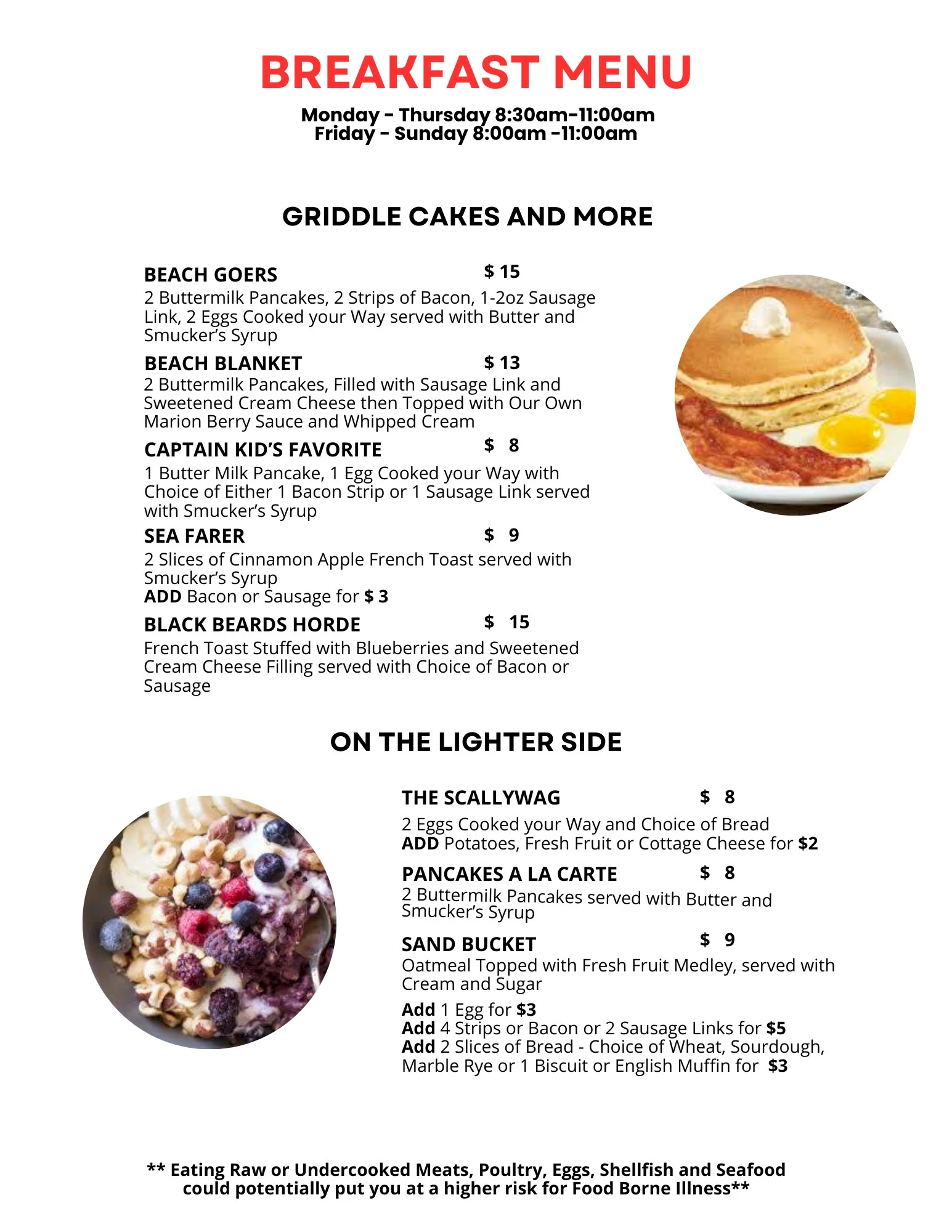This is a breakfast menu offering pancakes, specialty French toast and light appetite options.