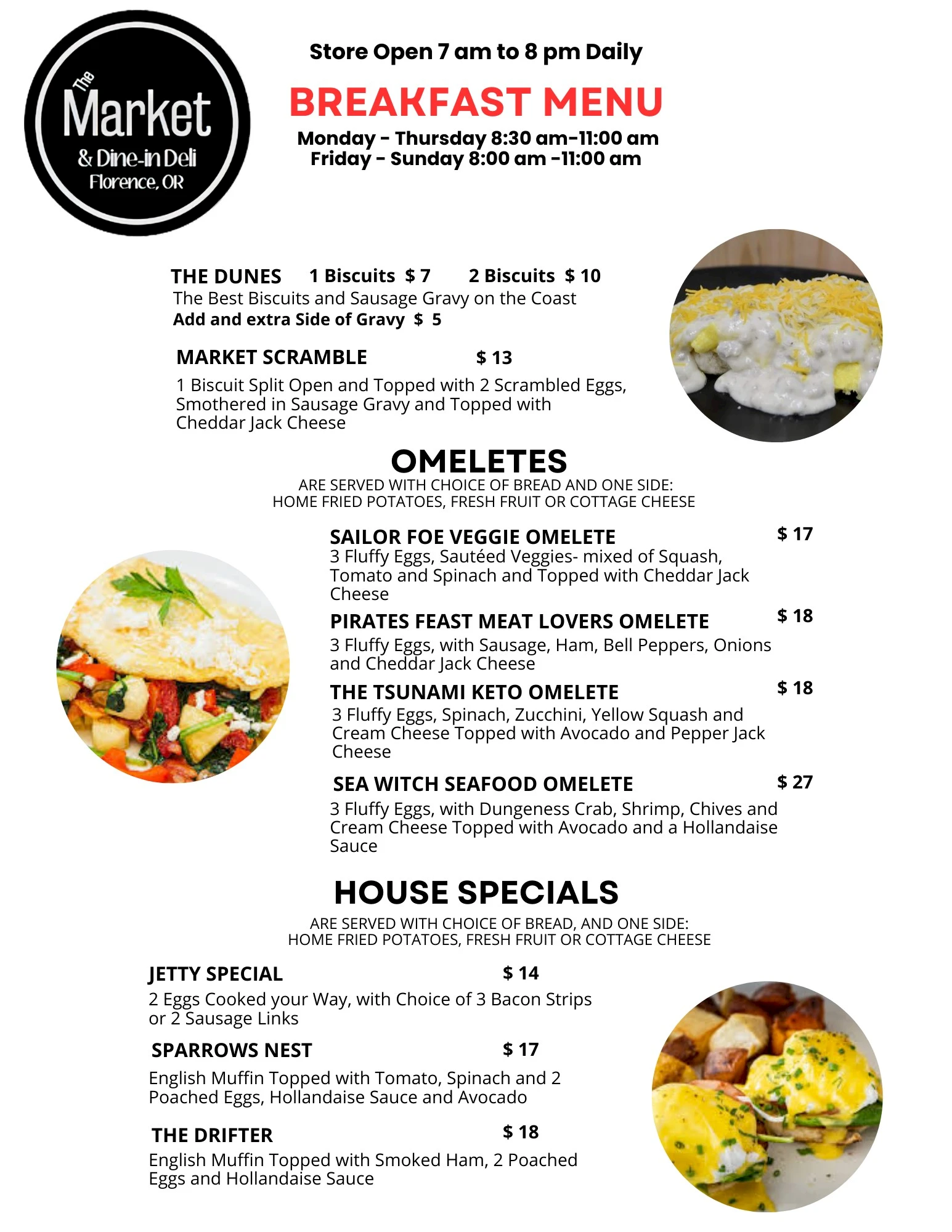 This a breakfast menu featuring different types of omelets and house specials.