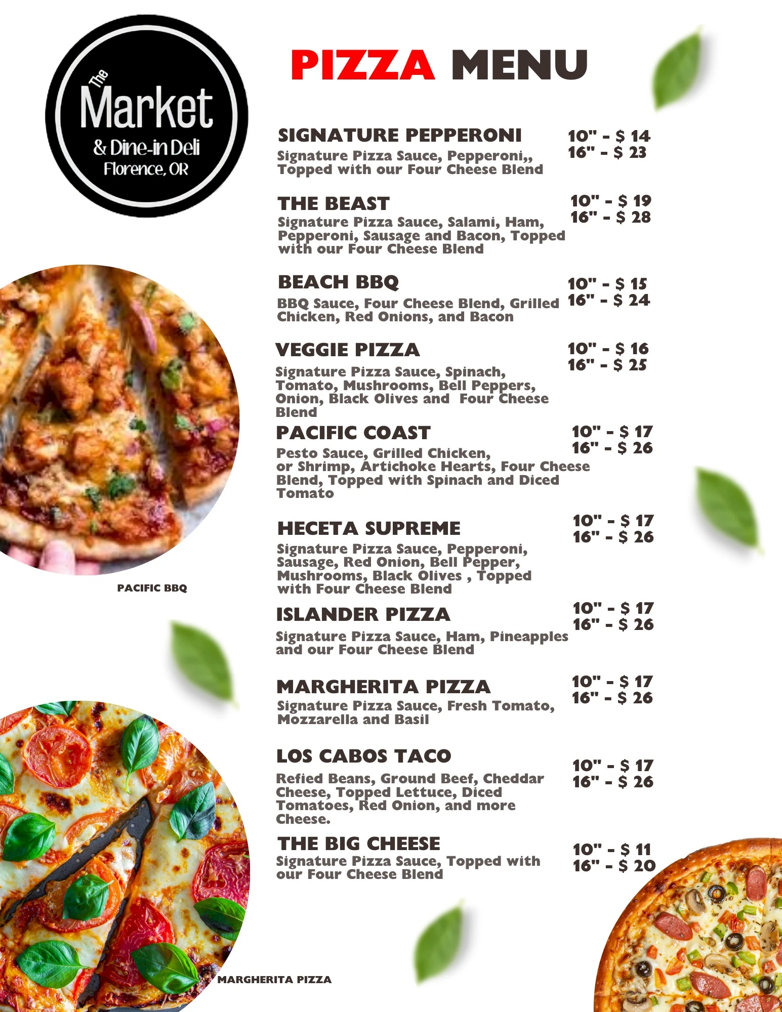 This is a specialty pizza menu including options such as "The Beast" meat pizza and "The Big Cheese" the house cheese pizza option.